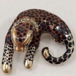 Rare Vintage SLC 14k & 9.25 Sterling Silver Enamel Rhinestone Leopard Pendant